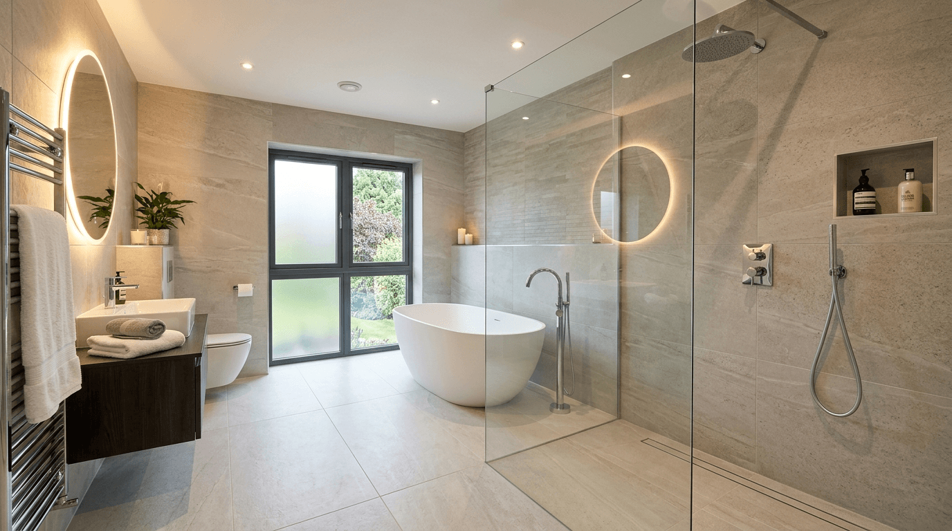 Newly fitted modern bathroom with walk-in shower